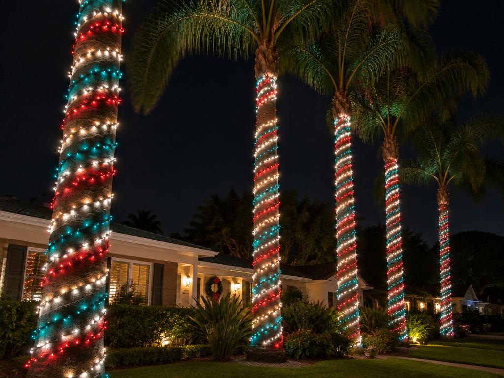 Palm tree trunks wrapped in red, white and turquoise lights at night