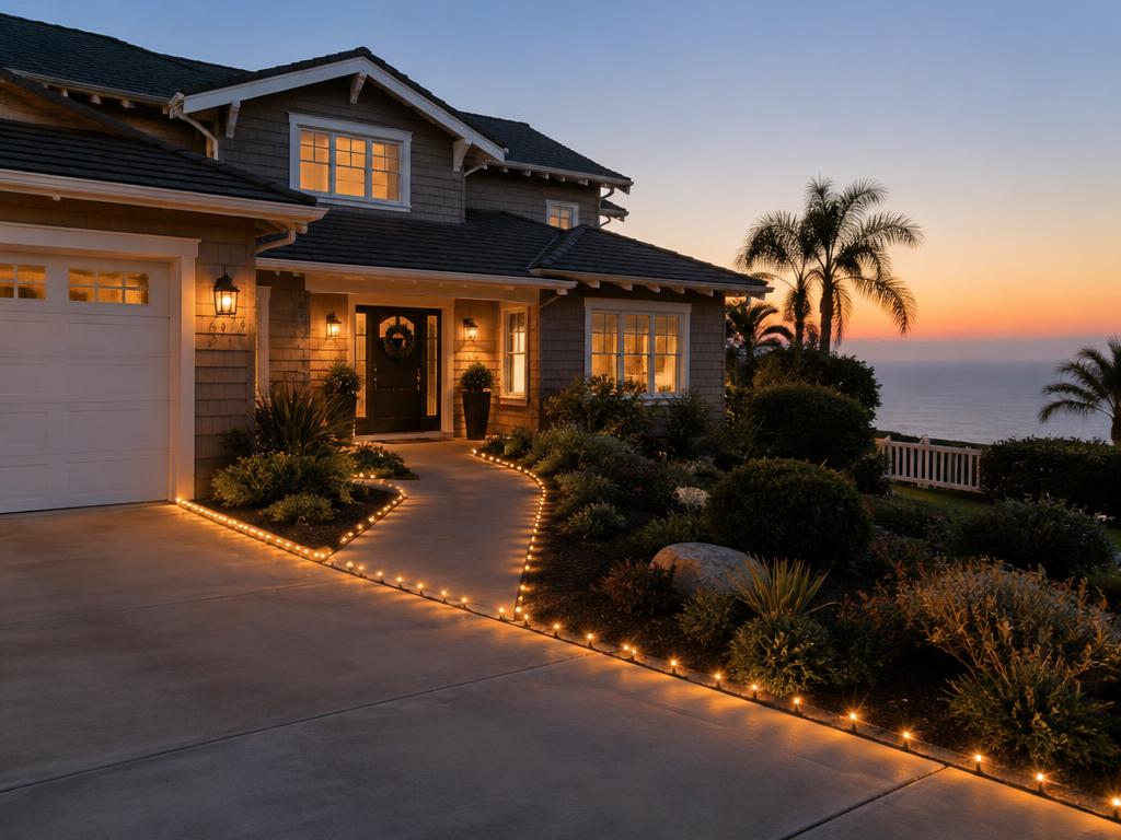 Driveway and walkway edged with warm white lights leading to a coastal home