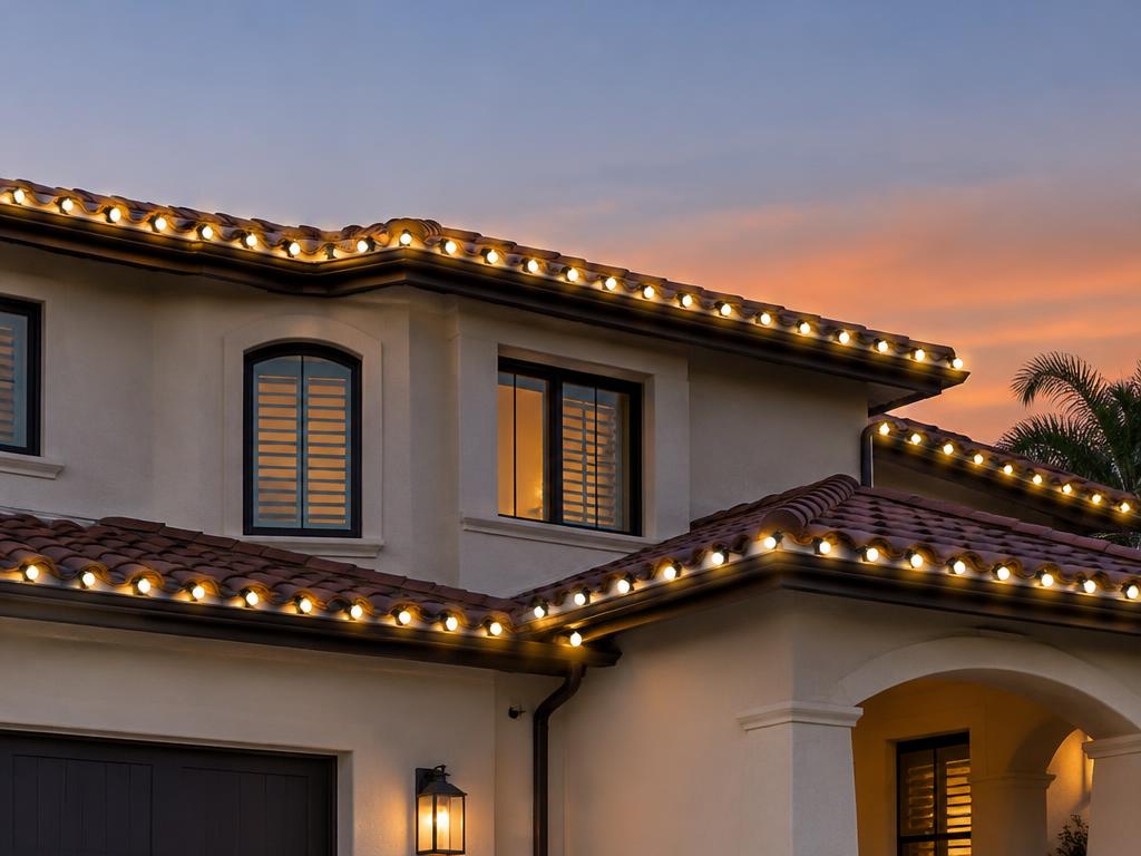 Tile-roofed home with warm white bulbs outlining the roofline at dusk