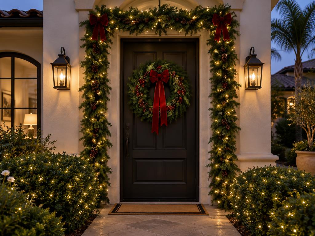 Front entry framed with lit garland and a red-bowed wreath